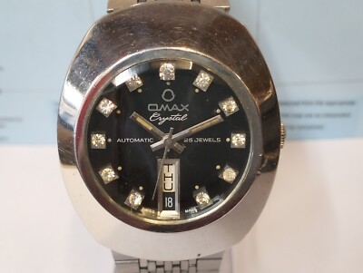 OMAX 25 JEWELS AUTOMATIC BLACK DIAL 28-35204 SWISS MEN FULL WORKING ALL ORG 