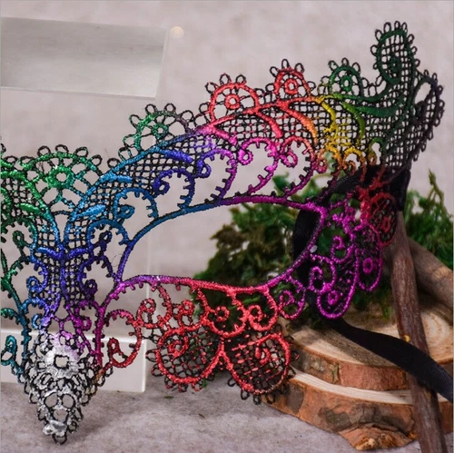 Womens Embroidered Rainbow Eye Mask Venetian Carnival Masquerade Lace Hollow - Picture 5 of 21