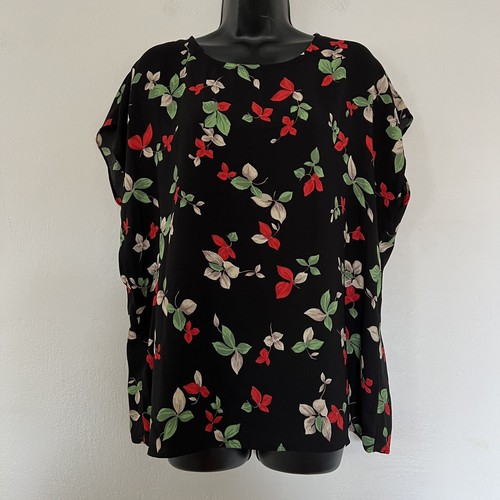 Halogen Black Floral Leafy Short Sleeve Round Neck Blouse Keyhole Women’s L NWT