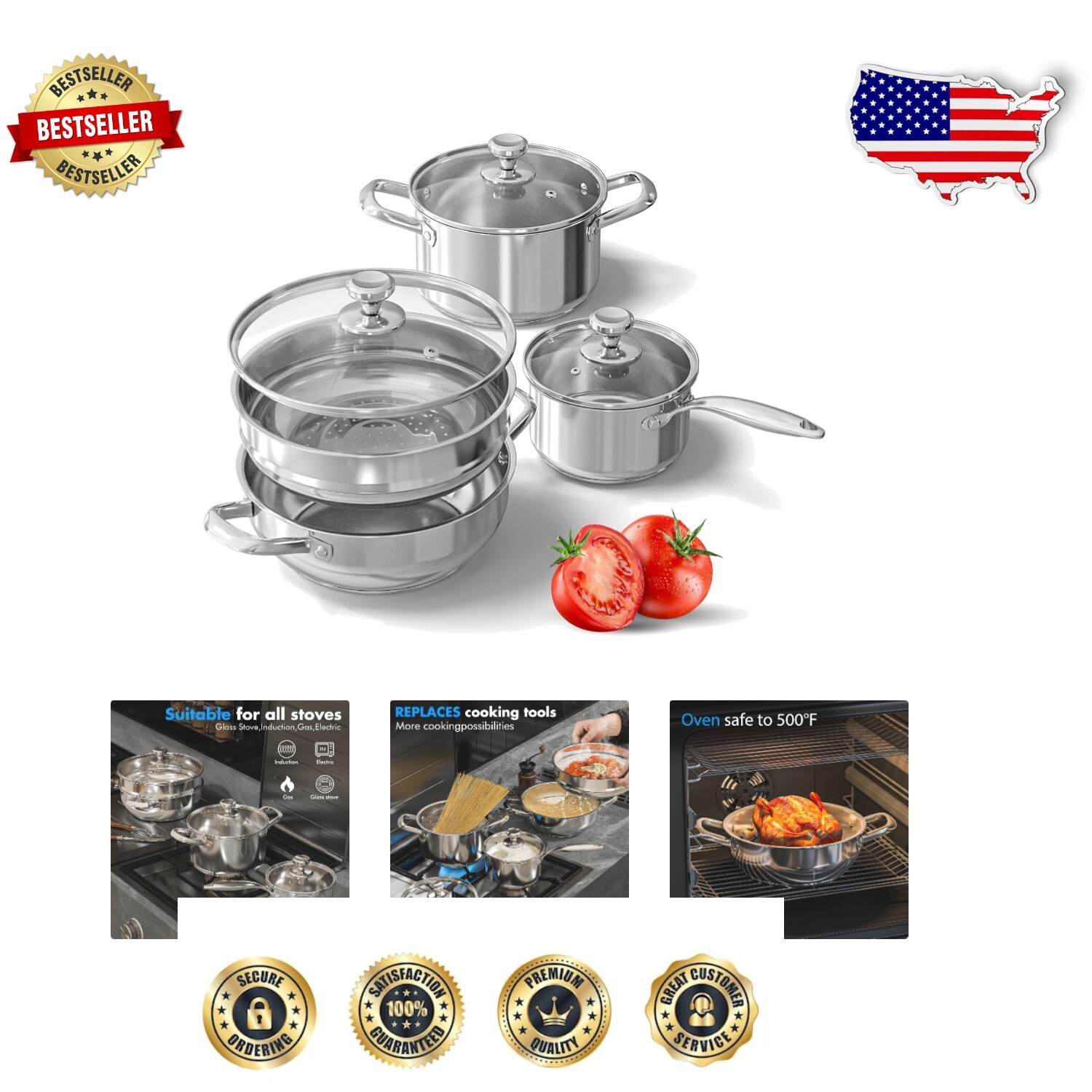 Professional 7-Piece Stainless Steel Cookware with Steamer & Strainer Basket