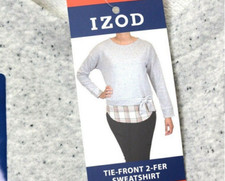 IZOD Women's Long Sleeve Tie-Front 2-Fer Sweatshirt Light Heather Gray L NWT