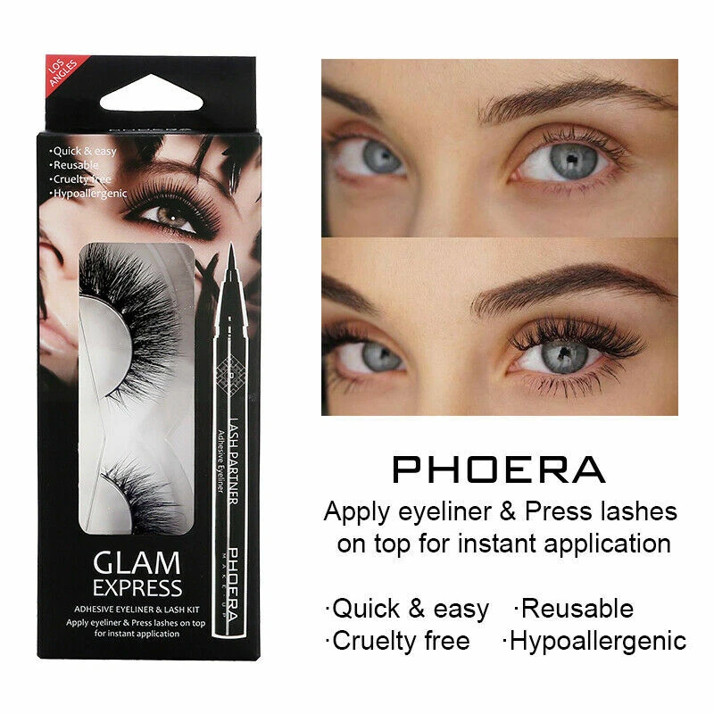 PHOERA False Eyelashes and Eyeliner Pen Kit - No Glue Non-Magnetic Eyelashes UK