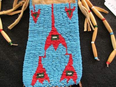 NATIVE AMERICAN BEADED LEATHER MEDICINE BAG, BEADED TOBACCO POUCH  SD-0224*08208
