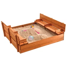 Large Wooden Kids Sandbox with Lid - Foldable Bench Seats, Cedar Wood