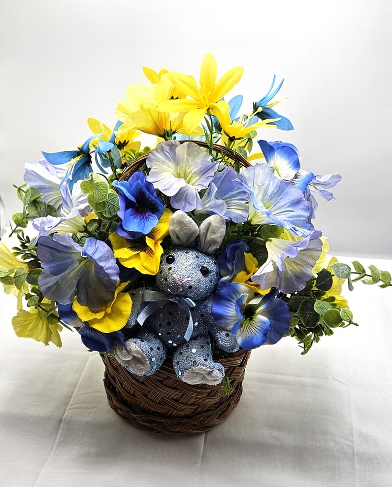 Pretty Floral Wicker Basket with Blue Glitter Rabbit and Spring Flowers ...
