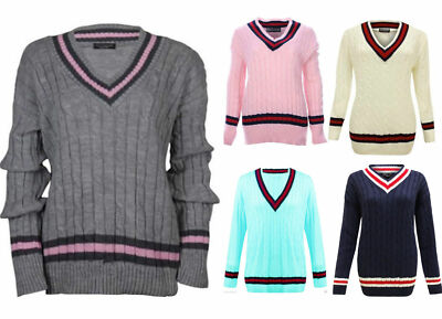 Ladies Long Sleeves V Neck Cricket Cable Knitted Sweater Lot Womens Plain Jumper