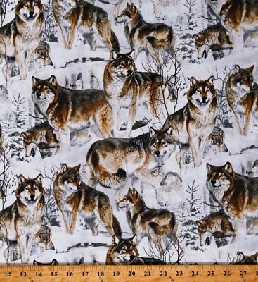Cotton Wolves in the Snow Wolf Animals Winter Woods Fabric Print by Yard D482.41