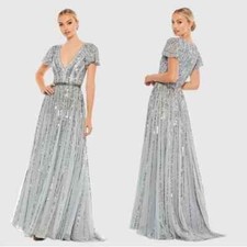 Mac Duggal 70108 Stripe Sequin V-Neck Maxi Gown Size 18 NWT Slate Blue