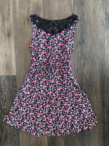 Justice Girls Size 10 Black Floral Sleeveless Dress Pink & Teal Flowers - Picture 2 of 5