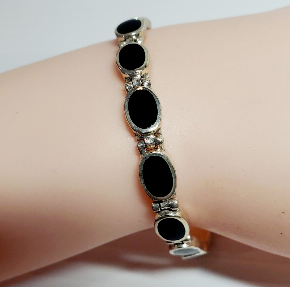 All SOLID Sterling 925 Silver Black Oval Stone 7"… - image 1