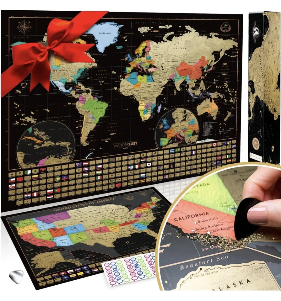 Set of 2 Scratch-Off Travel Map Of The World & USA Map Deluxe Gold Posters - Image 2 of 4