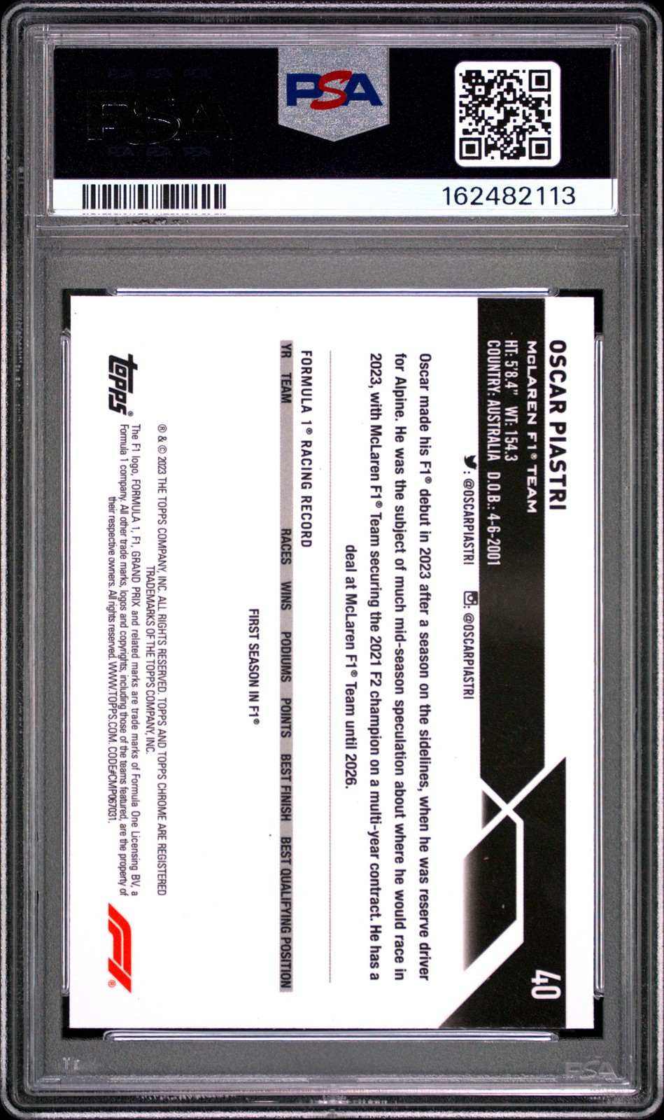 2023 TOPPS CHROME FORMULA 1 #40 OSCAR PIASTRI ROOKIE RC PSA 9 view 2