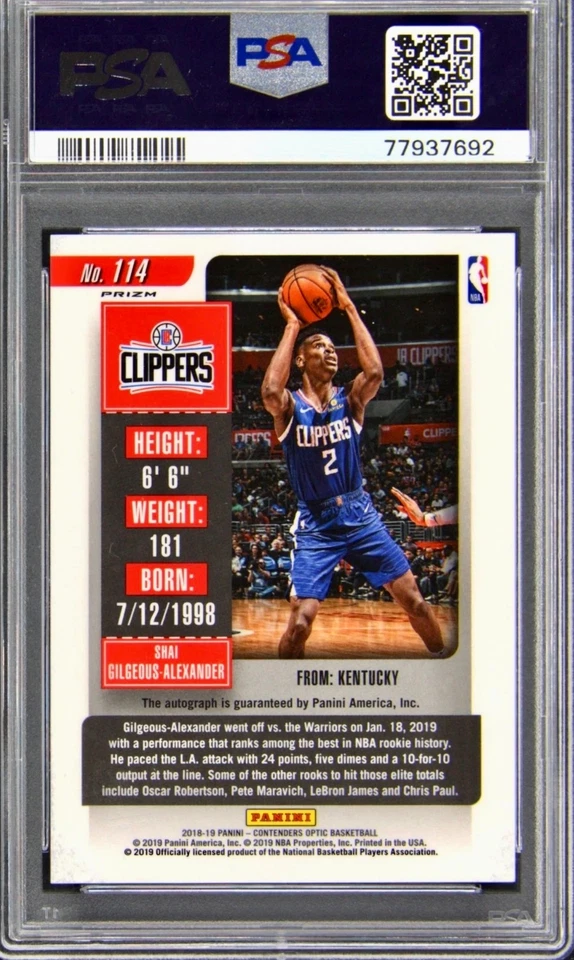 2018 Contenders Optic 114 Shai Gilgeous Alexander Blue Jersey AUTO Rookie PSA 9 - Image 3 of 3