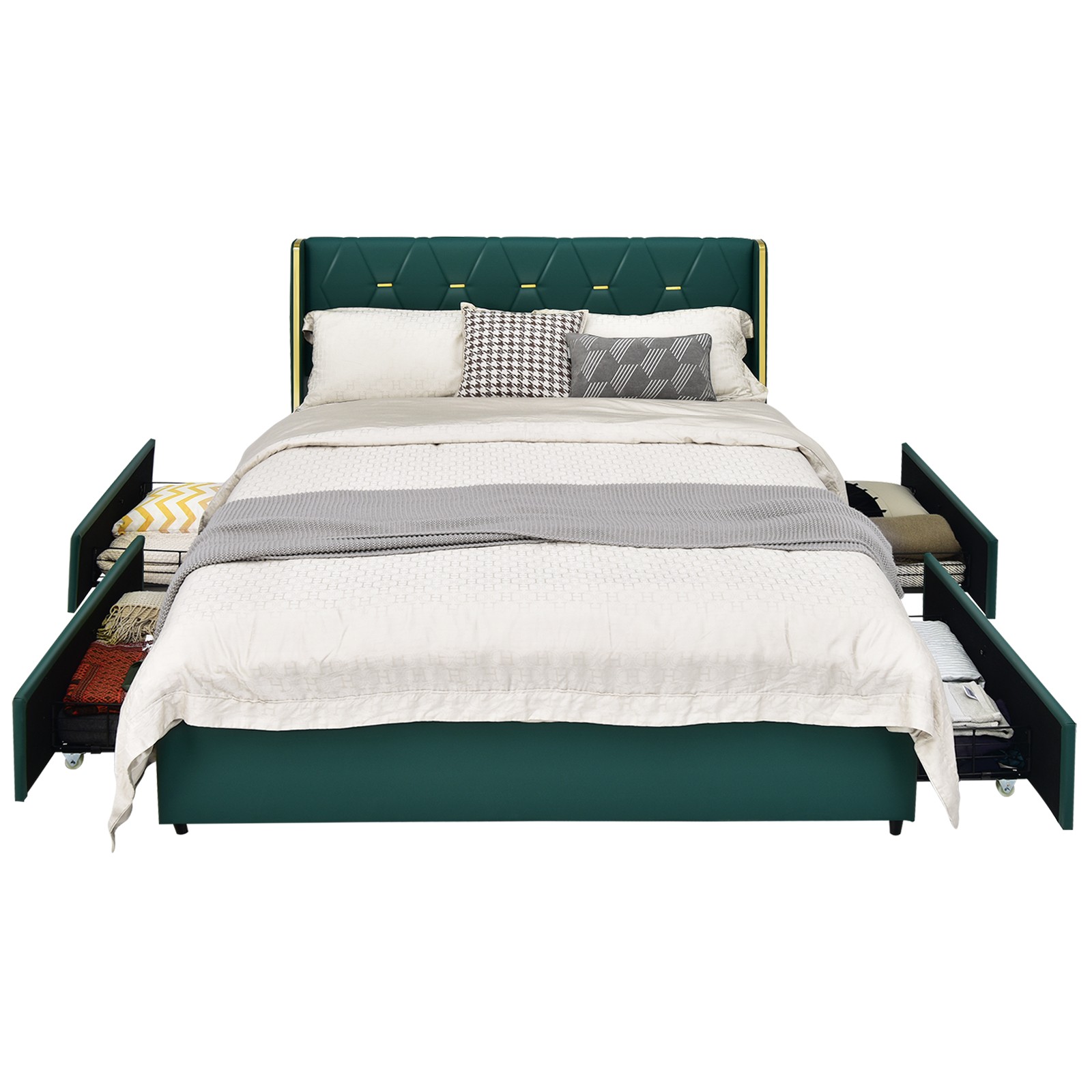 W/ High Headboard & 4 Large Rolling Drawers Green