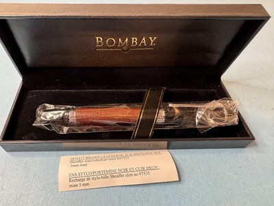 BOMBAY BROWN LEATHER WRAPPED BLACK ENAMEL PEN