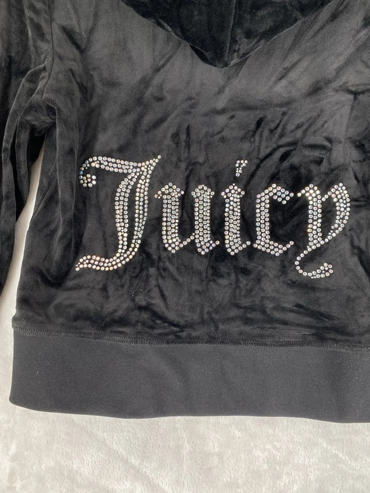 Sudadera con Capucha Juicy Couture Mediana Negra Terciopelo Cremallera Sudadera con Capucha Estrás Escritura Gótica Y2K Foto 3 de 4