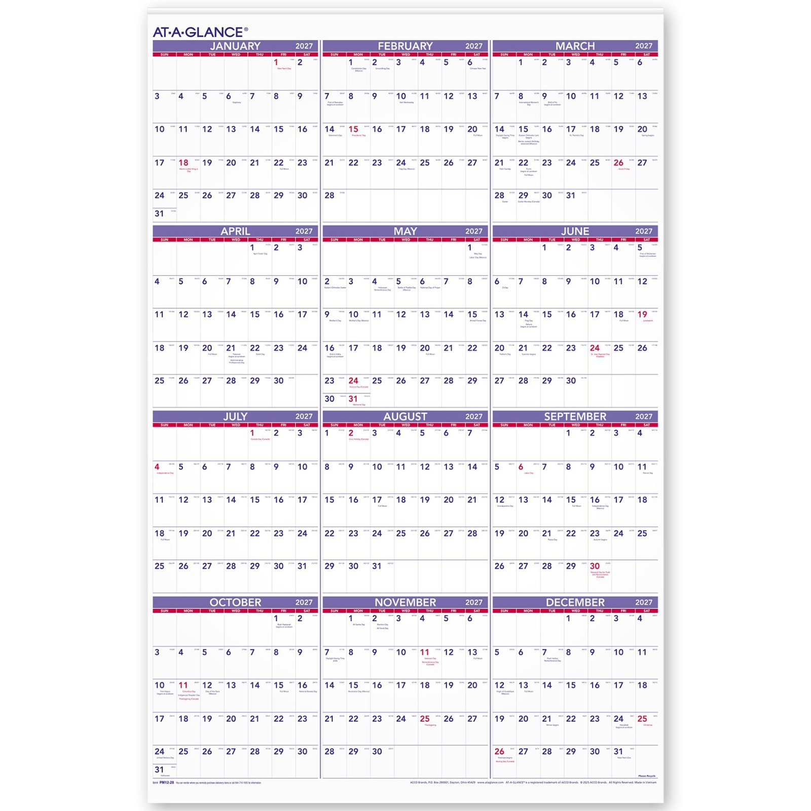 2027 At-A-Glance PM12-28 Yearly Wall Calendar, 24 x 36"
