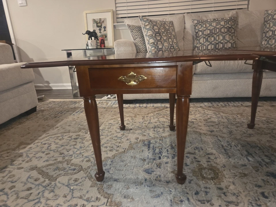 Pair of Vintage Solid Wood End Tables Queen Anne Style Cherry Finish Brass Pulls - Image 2 of 4