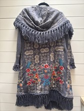 Johnny Was Biya Pfionah Hoodie Sweater Coat - Blue/Fringed/Embroidered Size Sm