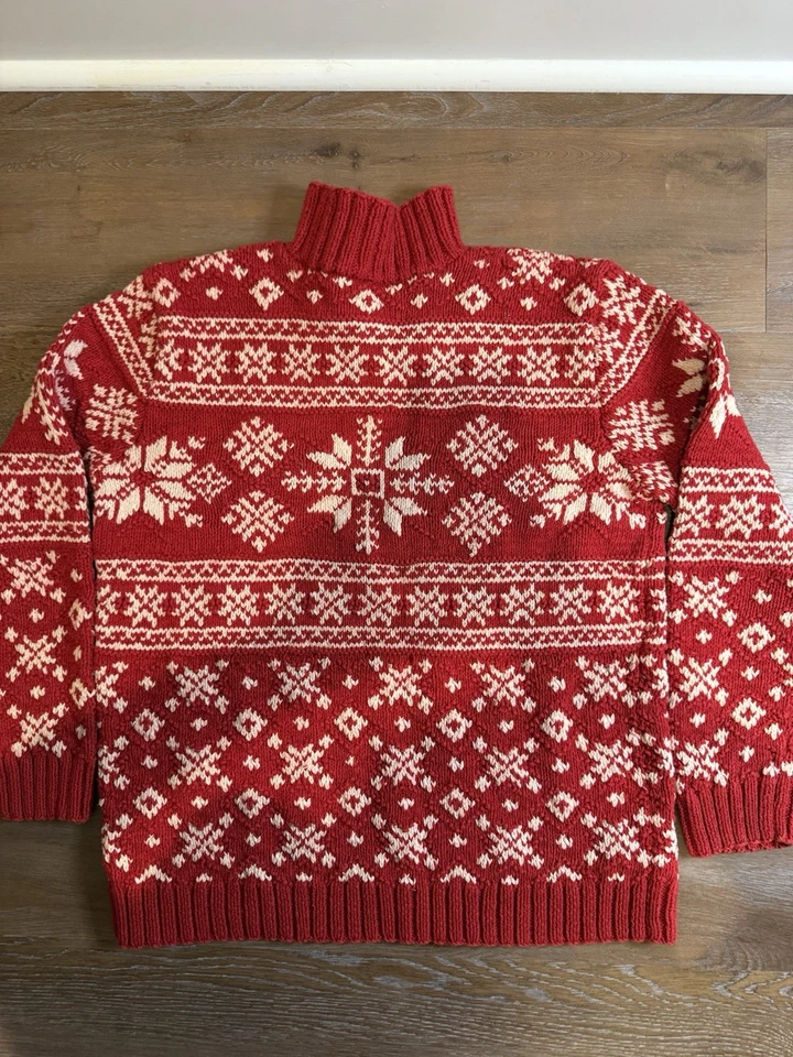 VTG Lauren Ralph Lauren Red Cotton Hand Knit Nordic Sweater Snowflakes Petite M - Image 3 of 4