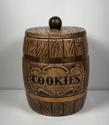 1960's  Vintage MCM Treasure Craft Ceramic Brown Faux Oak Barrel Cookie Jar 
