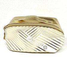 Shiseido Ginza Tokyo Makeup Bag Gold  White With Stripes Organizer Zipper Pouch