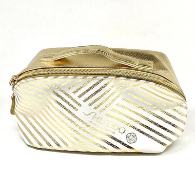 Shiseido Ginza Tokyo Makeup Bag Gold & White With Stripes Organizer Zipper Pouch