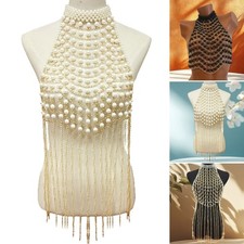 Elegante Sujetador Cadena Pecho Perlas de Imitación Joyería Corporal para Fiesta y Ropa de Playa