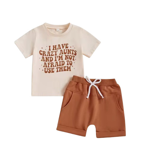 Baby Boy White I Have Crazy Aunts Letter T‑Shirt + Casual Shorts 2‑Pcs Set