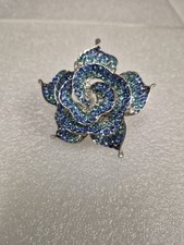 Blue Rhinestone Rose Ring Adjustable Silver  Tone Floral Statement Jewelry