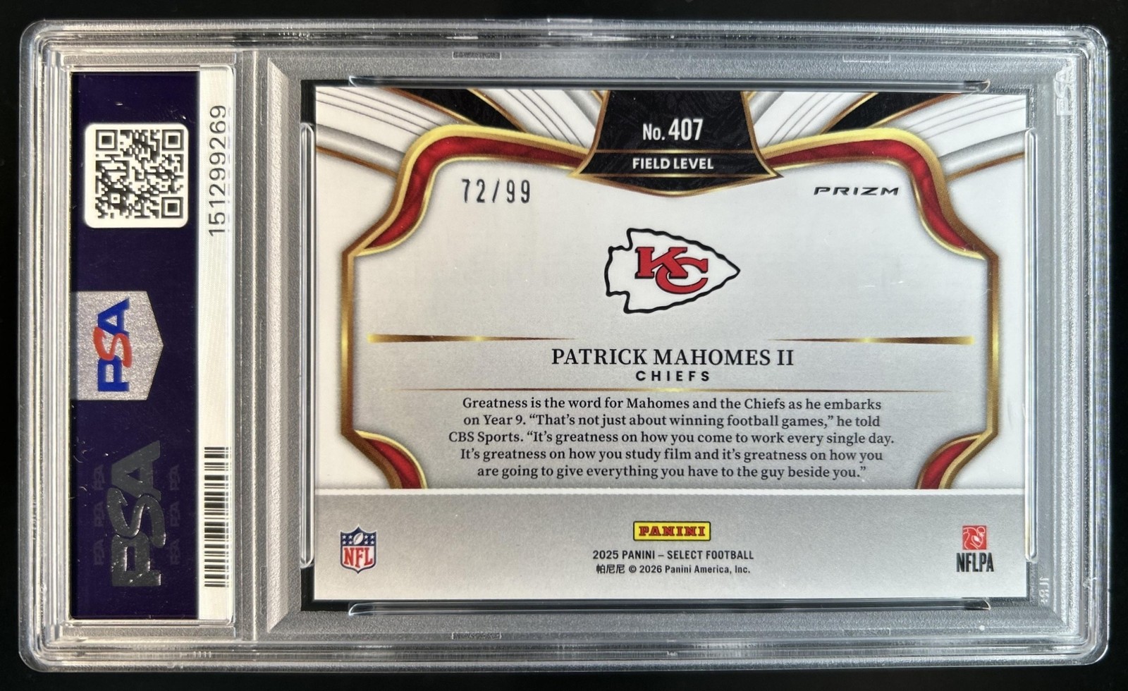 2025 Panini Select Patrick Mahomes II Field Level Tri-Color Prizm #/99 PSA 10 view 2