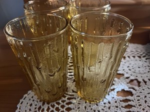 4 Anchor Hocking Tahiti Bamboo Amber Honey Gold Tumbler Glasses 12oz 5"