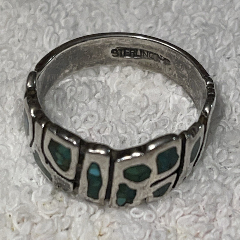 Sterling Silver 925 Signed Turquoise Green Inlay Band Ring Size 11.75