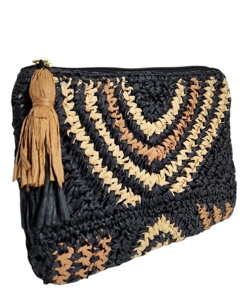 Bolso sin asas Loft Geo de paja con cremallera superior negro natural tejido multicolor nuevo con etiquetas Foto 3 de 4