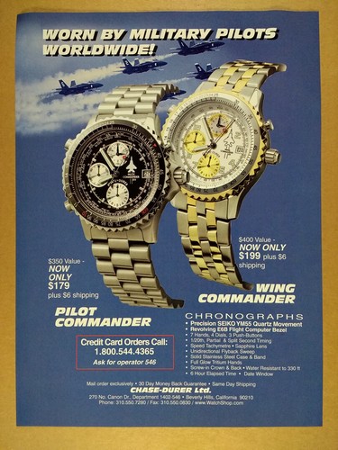 1998 Chase-Durer Pilot & Wing Commander Chronographs vintage print Ad - Afbeelding 1 van 1