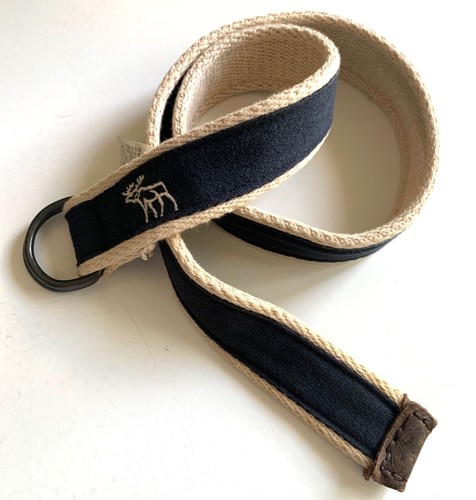 A&F ABERCROMBIE Belt Boys 14 EMBROIDERED MOOSE Logo Navy Natural Cotton D-Ring - Picture 2 of 5