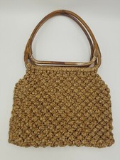 Vintage Handmade Macram  Tan/Brown Handbag w/Plastic Faux Wood Like Handle Boho
