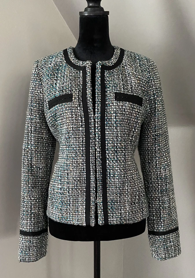 DAISY FUENTES 粗花呢西装外套女式小号蓝绿色组合 — 第 2/4 张图片