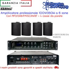 Amplificatore 100V/350W 6 zone Con MP3/DAB/FM/SCAN/BT con 4 casse da parete