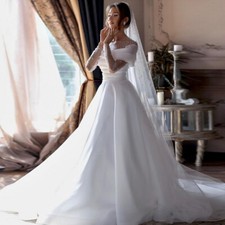 Elegant Wedding Dresses O-Neck Long Sleeves Beading Chiffon A-line Bridal Gowns