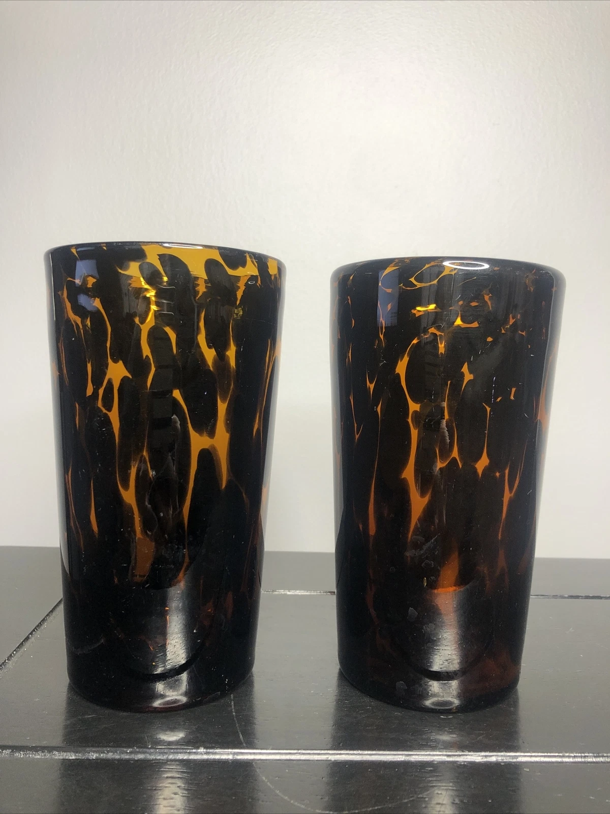 2 TALL TORTOISE SHELL GLASSES VINTAGE ART GLASS  HAND BLOWN  AMBER AND BROWN