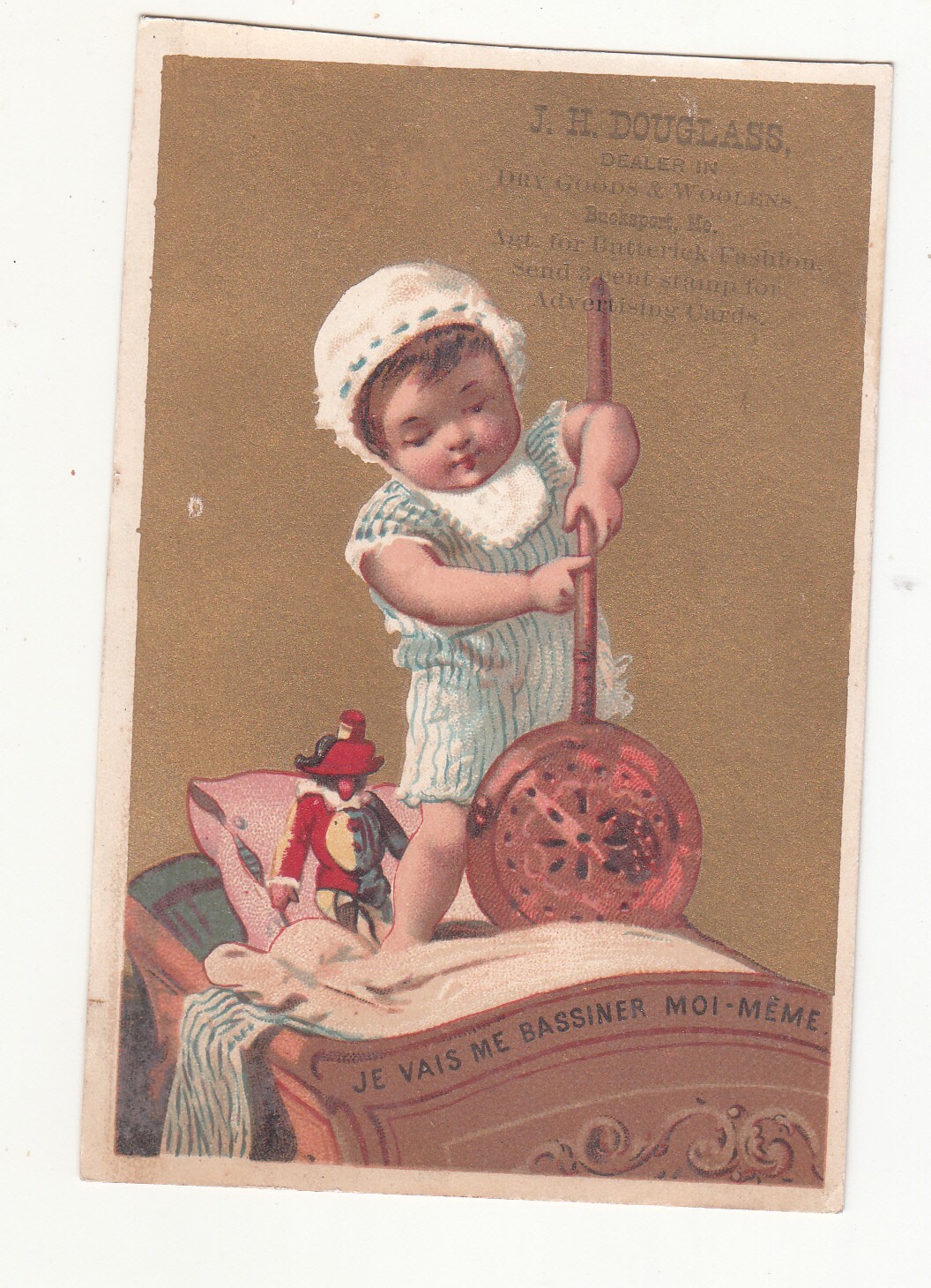 J H Douglass Dry Goods Bucksport NY Bed Warmer Pan Baby Cradle Vict Card c1880s