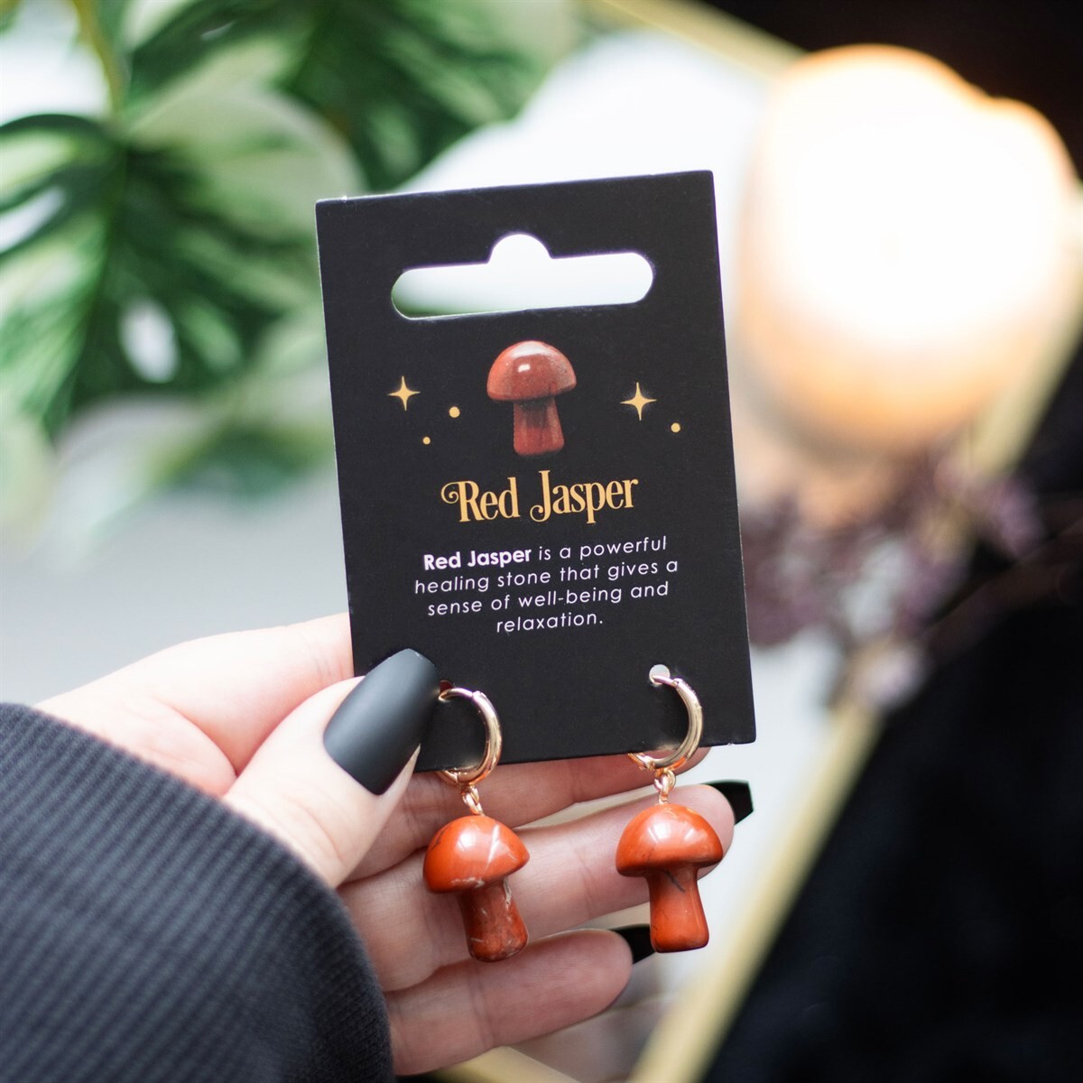 Red Jasper Crystal Mushroom Gold Tone Hinged Hoop Drop Dangly Earrings