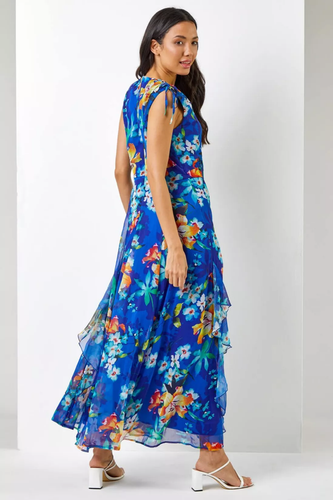 Roman size 14 Blue Floral Print Chiffon Frill Maxi Dress Wedding Stunning BNWT - Picture 4 of 6