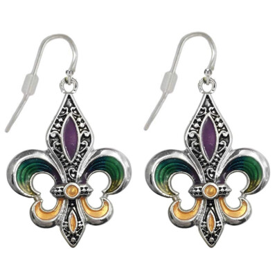 Mardi Gras Fleur De Lis Earrings Dangle Silver Tone with Gift Box