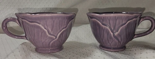 Vintage Mid Century Poppytrail Metlox Lotus Purple Tea Coffee Cups Pair
