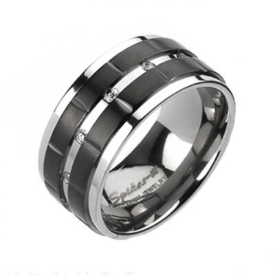 Titanium Men's Dual Grooved Black Stripe Eternity CZ Band Ring 10mm Size 9-14