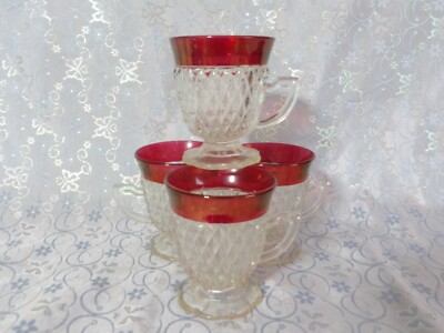 Indiana Glass Ruby Flash Diamond Point Footed Coffee Cups - SET OF 4
