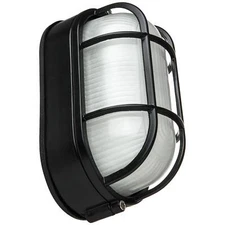 Oval Wall Flush Mount Outdoor Light, 60W, Textured Black Metal w/ Frosted Glass
