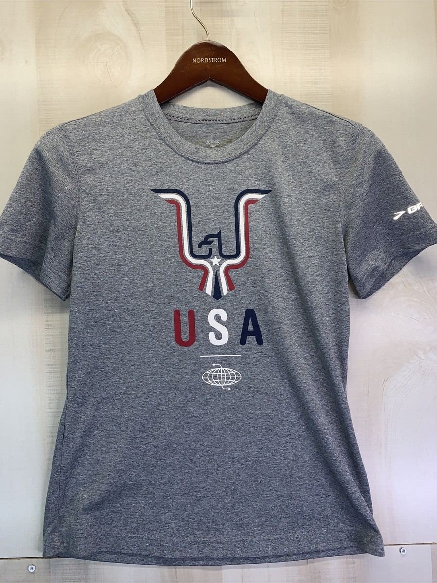 Brooks Running Equilibrium Women's SZ SM Gray USA Print T Brooks Running Equilibrium Women's SZ SM Gray USA Print T